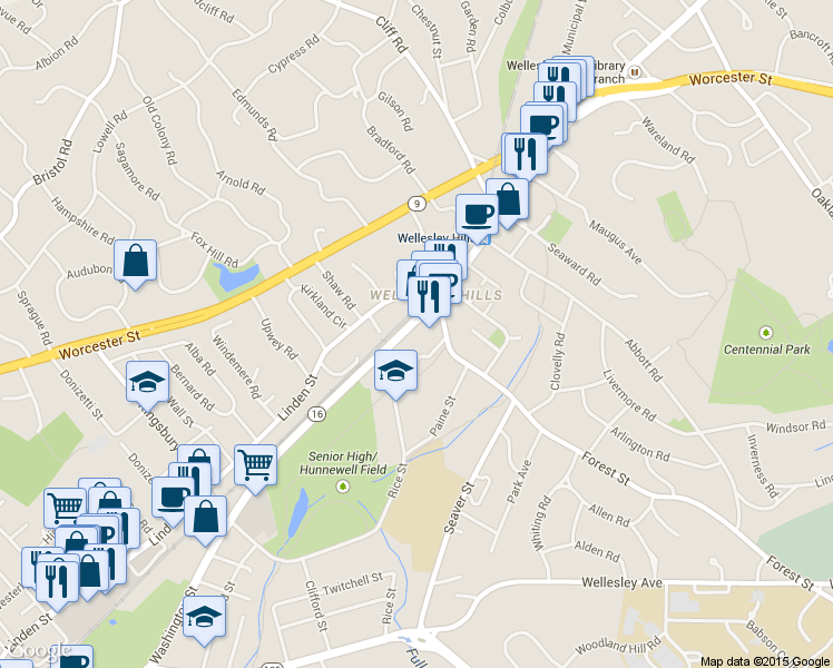map of restaurants, bars, coffee shops, grocery stores, and more near 6 Sylvester Terrace in Wellesley