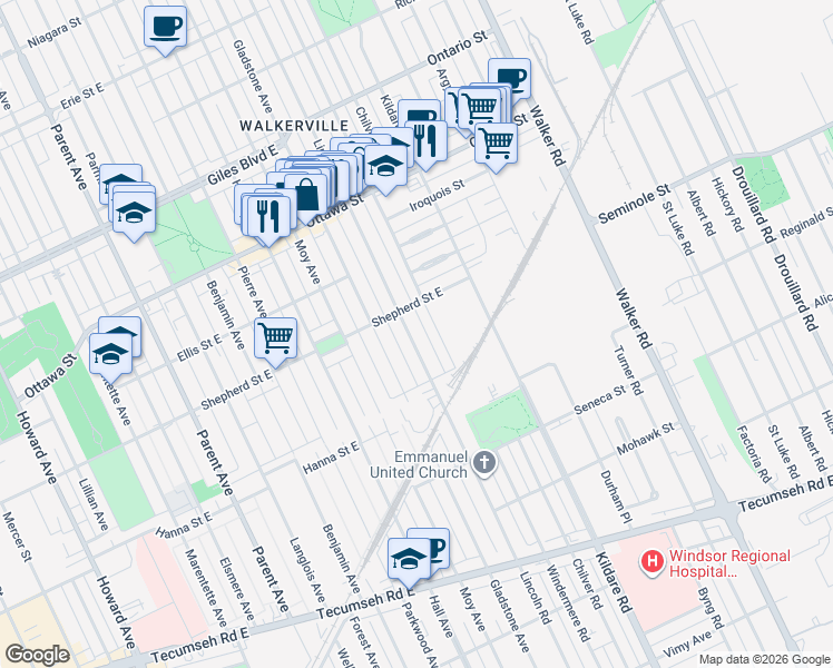 map of restaurants, bars, coffee shops, grocery stores, and more near 1513 Lincoln Road in Windsor
