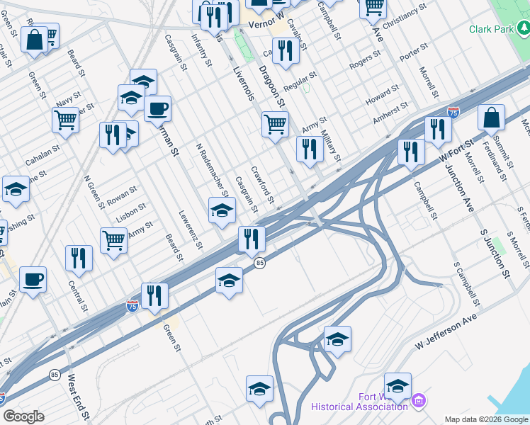 map of restaurants, bars, coffee shops, grocery stores, and more near 841 Casgrain Street in Detroit