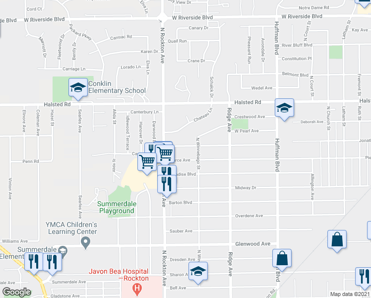 map of restaurants, bars, coffee shops, grocery stores, and more near 2320 Jonathan Avenue in Rockford