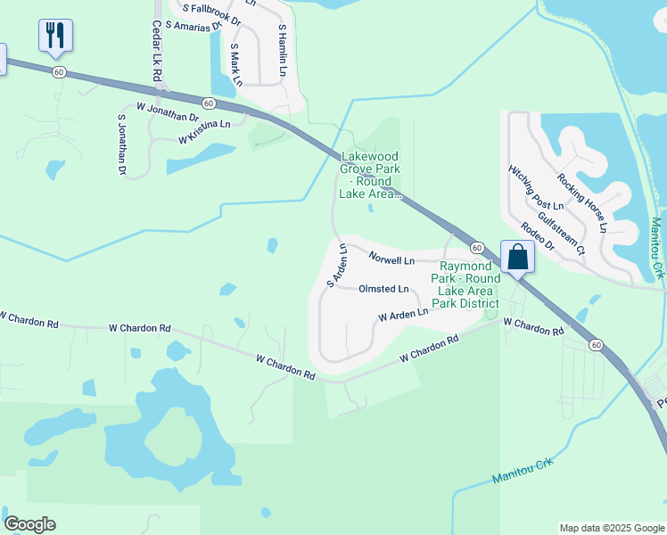 map of restaurants, bars, coffee shops, grocery stores, and more near 2230 South Arden Lane in Round Lake