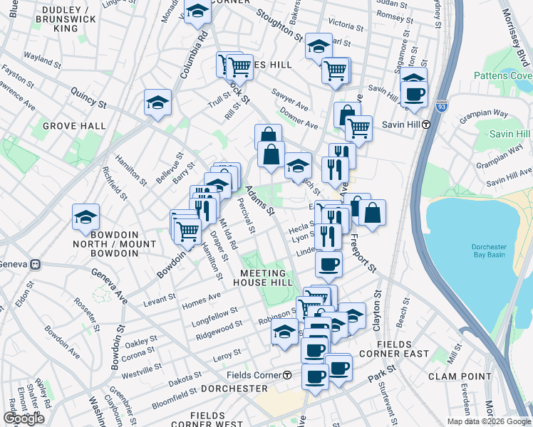 map of restaurants, bars, coffee shops, grocery stores, and more near 33 Adams Street in Boston