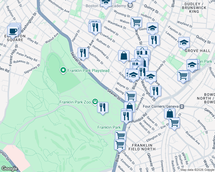 map of restaurants, bars, coffee shops, grocery stores, and more near 224 Seaver Street in Boston