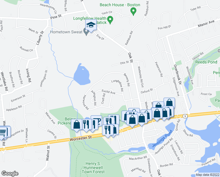 map of restaurants, bars, coffee shops, grocery stores, and more near 11 Euclid Circle in Natick