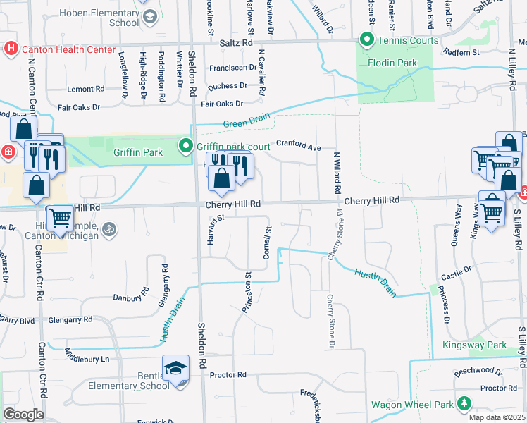 map of restaurants, bars, coffee shops, grocery stores, and more near 43998 Vassar Street in Canton