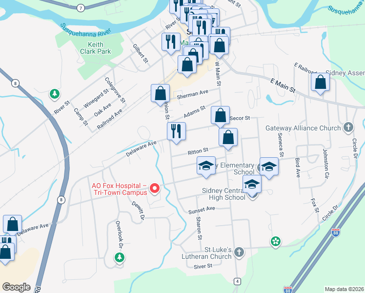 map of restaurants, bars, coffee shops, grocery stores, and more near 51 Union St in Sidney