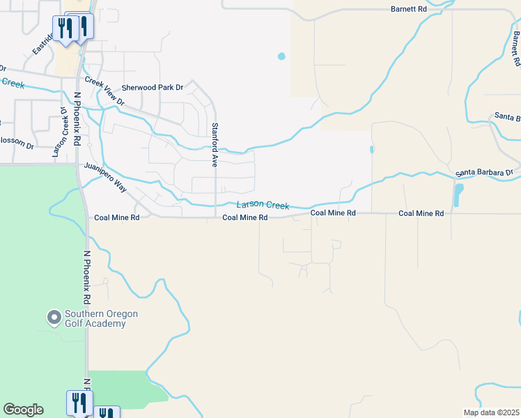 map of restaurants, bars, coffee shops, grocery stores, and more near 4131 Coal Mine Road in Medford