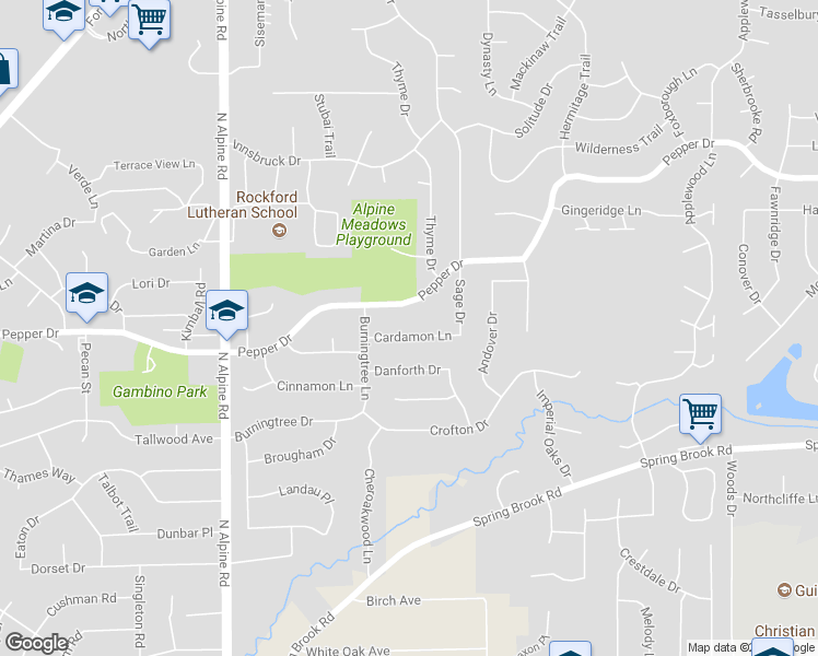 map of restaurants, bars, coffee shops, grocery stores, and more near 4878 Cardamon Lane in Rockford