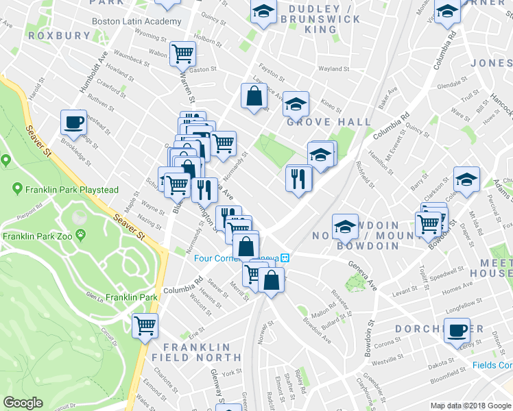 map of restaurants, bars, coffee shops, grocery stores, and more near 34 Oldfields Road in Boston