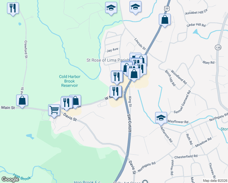 map of restaurants, bars, coffee shops, grocery stores, and more near 300 West Main Street in Northborough
