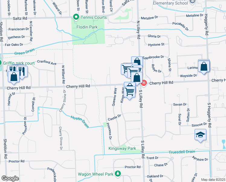 map of restaurants, bars, coffee shops, grocery stores, and more near 170 Queens Way in Canton