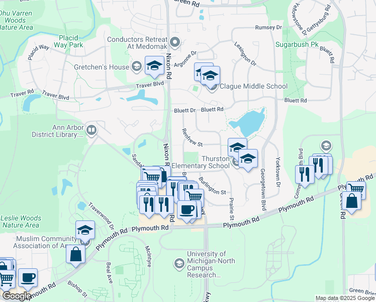map of restaurants, bars, coffee shops, grocery stores, and more near 2765 Briarcliff Street in Ann Arbor