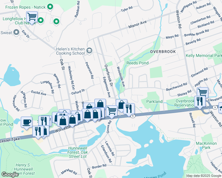 map of restaurants, bars, coffee shops, grocery stores, and more near 42 Overbrook Drive in Wellesley
