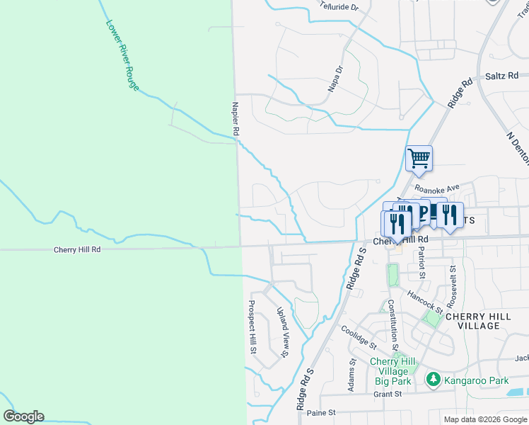 map of restaurants, bars, coffee shops, grocery stores, and more near 51262 Cherry Hill Road in Canton