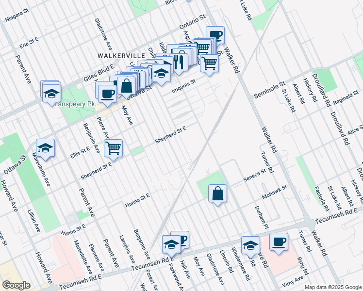 map of restaurants, bars, coffee shops, grocery stores, and more near 1527 Windermere Road in Windsor