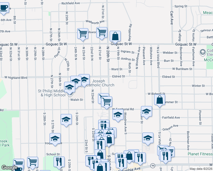 map of restaurants, bars, coffee shops, grocery stores, and more near 55 North 20th Street in Battle Creek