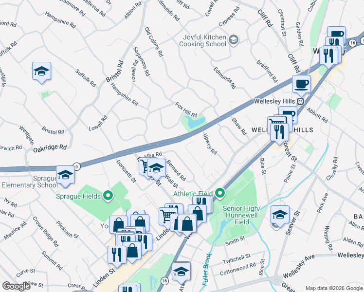map of restaurants, bars, coffee shops, grocery stores, and more near 44 Windemere Road in Wellesley