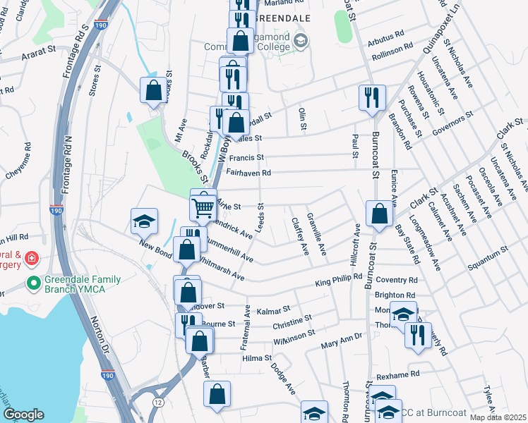 map of restaurants, bars, coffee shops, grocery stores, and more near 54 Airlie Street in Worcester