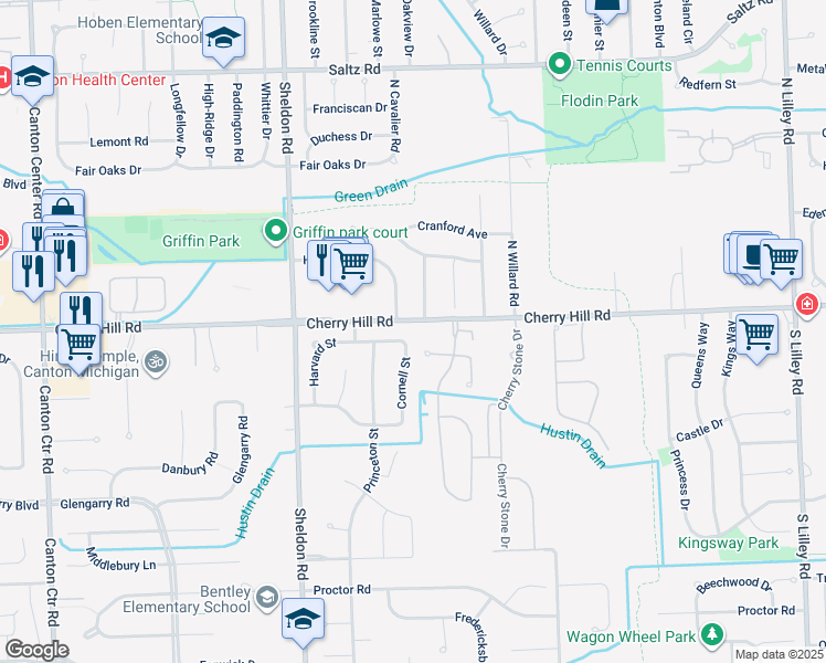 map of restaurants, bars, coffee shops, grocery stores, and more near 43998 Vassar Street in Canton