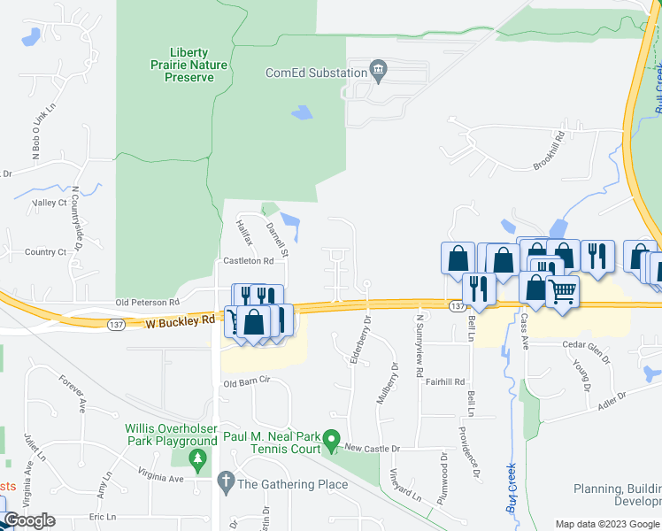 map of restaurants, bars, coffee shops, grocery stores, and more near 1831 Torrey Parkway in Libertyville