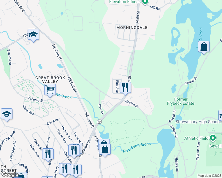 map of restaurants, bars, coffee shops, grocery stores, and more near 15 Eaton Avenue in Shrewsbury