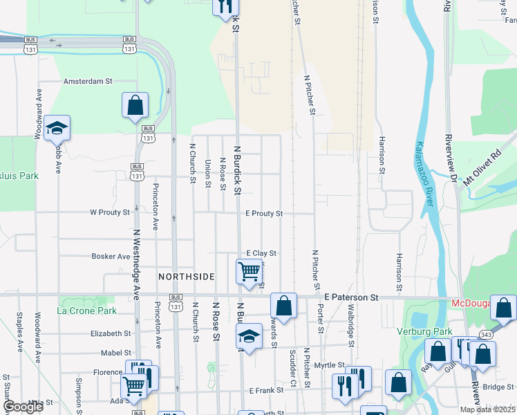 map of restaurants, bars, coffee shops, grocery stores, and more near 1629 Krom Street in Kalamazoo