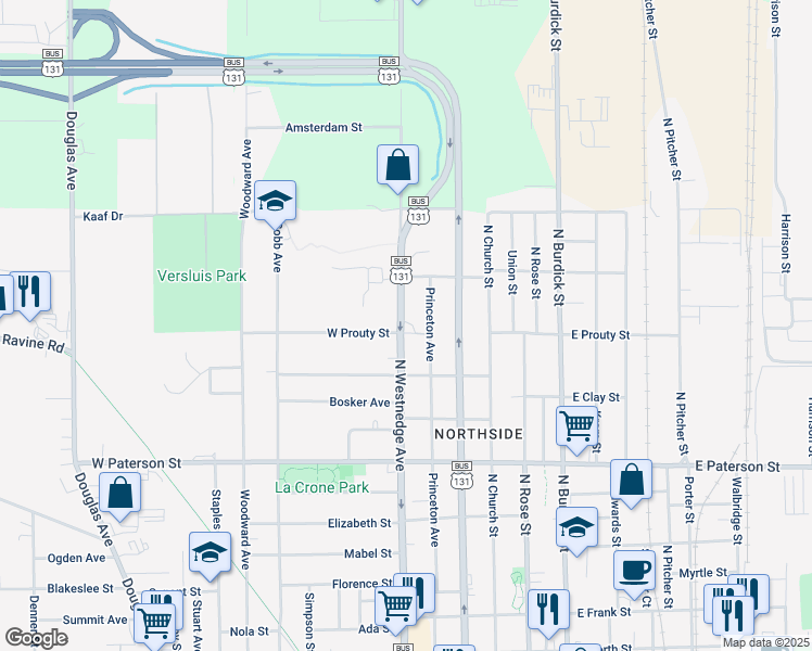 map of restaurants, bars, coffee shops, grocery stores, and more near 1624 North Westnedge Avenue in Kalamazoo