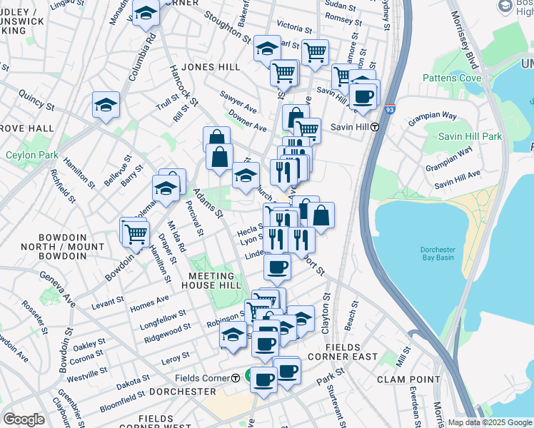 map of restaurants, bars, coffee shops, grocery stores, and more near 20 East Street in Boston
