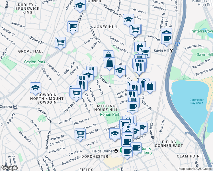 map of restaurants, bars, coffee shops, grocery stores, and more near 34 Adams Street in Boston