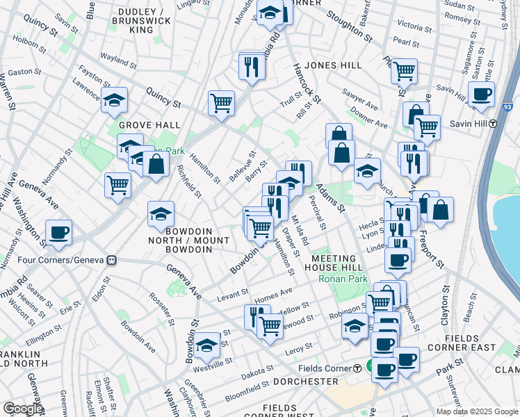 map of restaurants, bars, coffee shops, grocery stores, and more near 66 Coleman Street in Boston