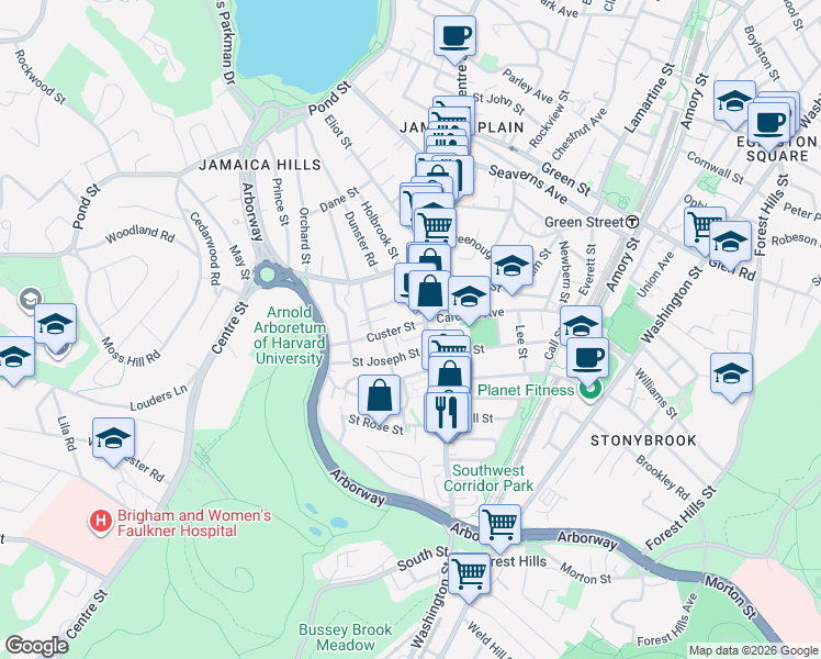 map of restaurants, bars, coffee shops, grocery stores, and more near 15 Custer Street in Boston