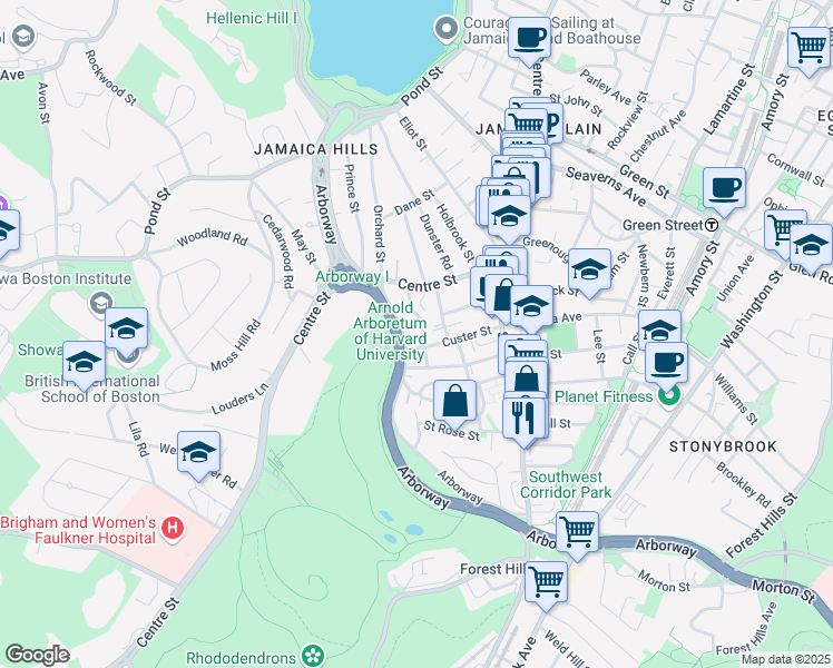 map of restaurants, bars, coffee shops, grocery stores, and more near 172 Arborway in Boston