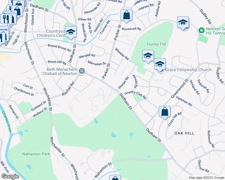 map of restaurants, bars, coffee shops, grocery stores, and more near 460 Dedham Street in Newton