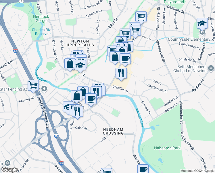 map of restaurants, bars, coffee shops, grocery stores, and more near in Newton