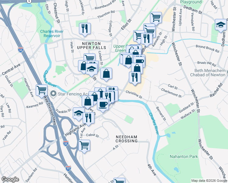map of restaurants, bars, coffee shops, grocery stores, and more near in Newton