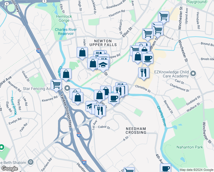 map of restaurants, bars, coffee shops, grocery stores, and more near 45 Butts Street in Newton