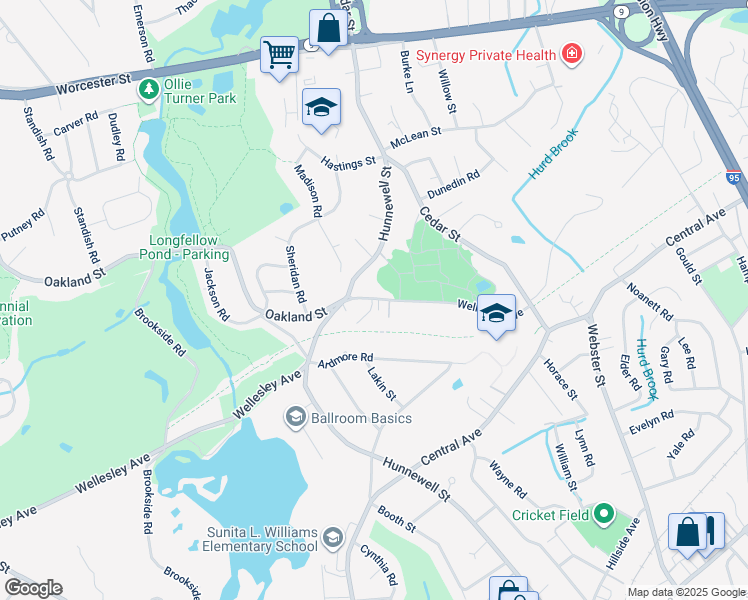 map of restaurants, bars, coffee shops, grocery stores, and more near 1 Wellesley Avenue in Needham
