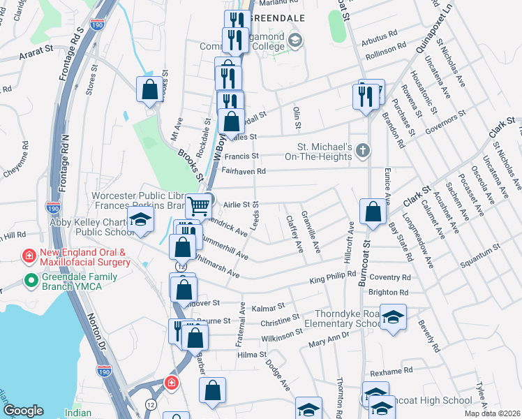 map of restaurants, bars, coffee shops, grocery stores, and more near 54 Airlie Street in Worcester