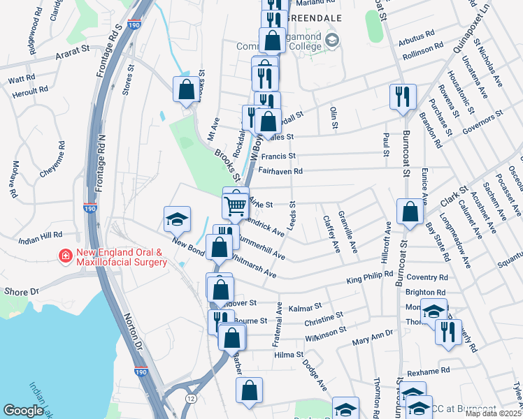 map of restaurants, bars, coffee shops, grocery stores, and more near 30 Airlie Street in Worcester