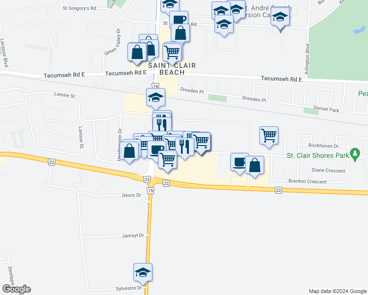 map of restaurants, bars, coffee shops, grocery stores, and more near 49 Amy Croft Drive in Windsor