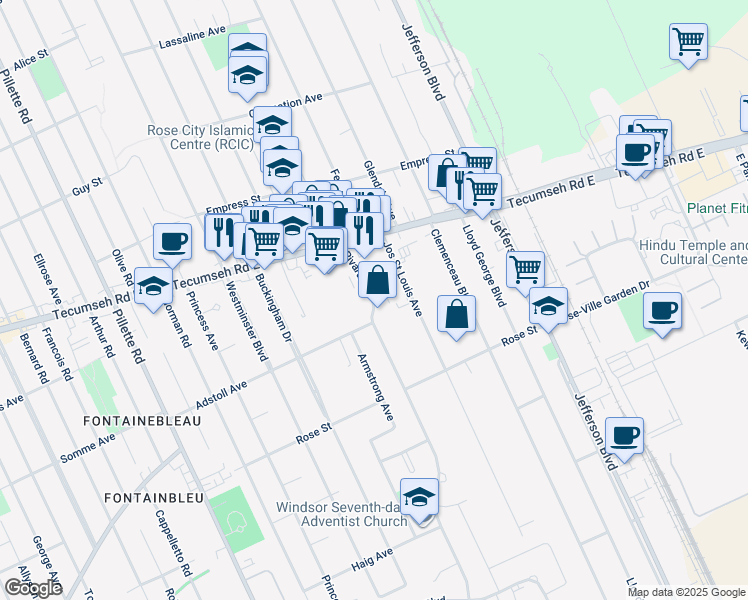 map of restaurants, bars, coffee shops, grocery stores, and more near in Windsor