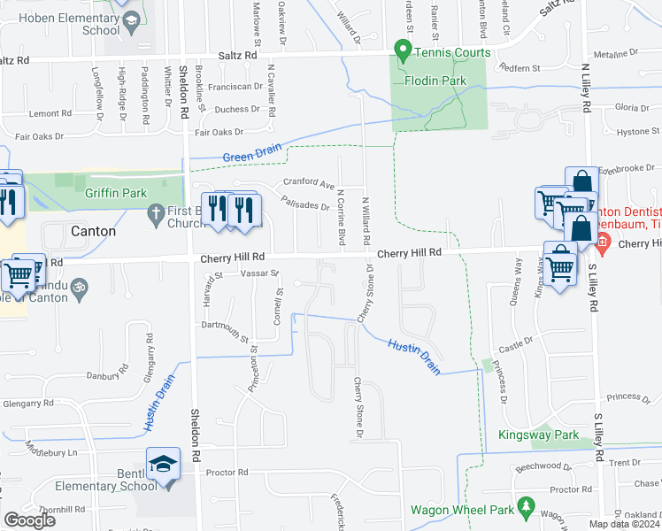 map of restaurants, bars, coffee shops, grocery stores, and more near 43748 Sweet Cherry Lane in Canton