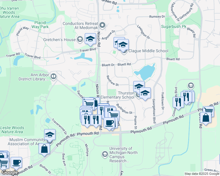map of restaurants, bars, coffee shops, grocery stores, and more near 2765 Briarcliff Street in Ann Arbor