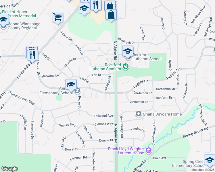 map of restaurants, bars, coffee shops, grocery stores, and more near 4425 Crawford Drive in Rockford