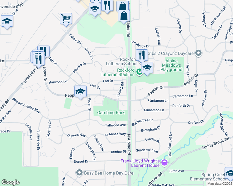 map of restaurants, bars, coffee shops, grocery stores, and more near 4425 Crawford Drive in Rockford
