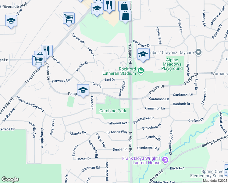 map of restaurants, bars, coffee shops, grocery stores, and more near 4425 Crawford Drive in Rockford