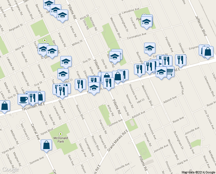 map of restaurants, bars, coffee shops, grocery stores, and more near 4742 Tecumseh Rd E in Windsor