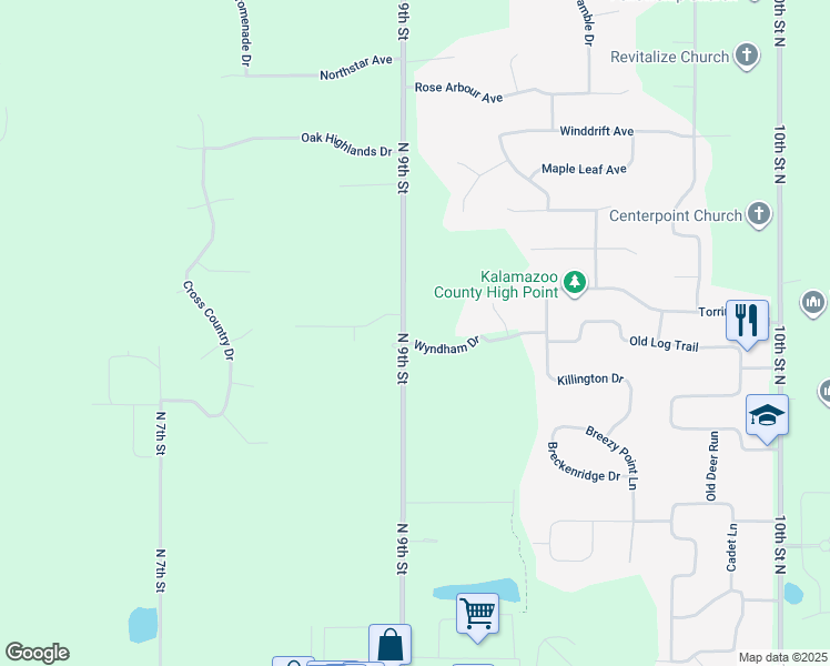 map of restaurants, bars, coffee shops, grocery stores, and more near 6722 Wyndham Drive in Kalamazoo