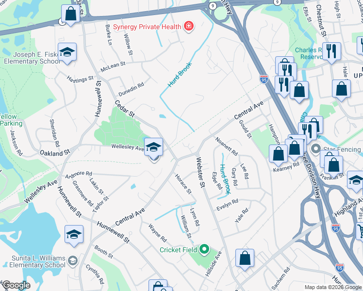 map of restaurants, bars, coffee shops, grocery stores, and more near 32 Rosegate Road in Needham