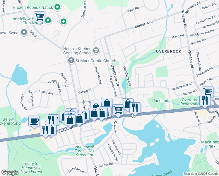 map of restaurants, bars, coffee shops, grocery stores, and more near 7 Upland Road in Natick